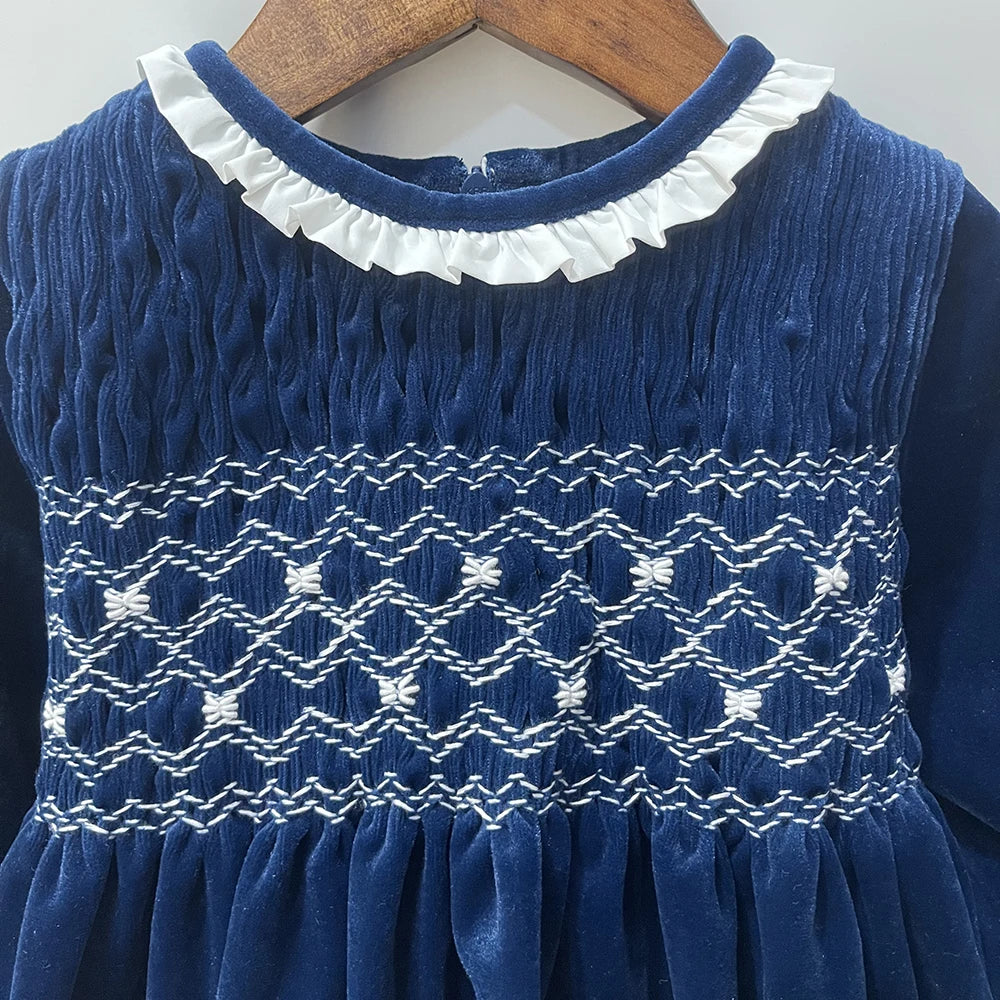 Children Vintage Clothing Girls Blue Velvet Dress Handmade Smocking Princess Christmas Eid Birthday Palace New Year Clothes