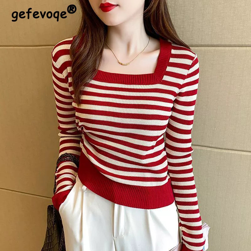 Female 2022 Autumn Stripe Slim Square Sollar T-shirt Korean Casual Fashion New Wild Office Lady Comfortable Long Sleeve Sweater