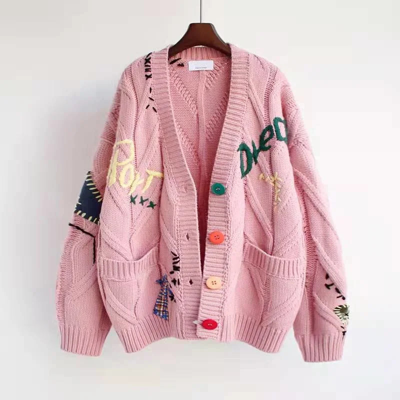 2022 Spring Women's Sweater Warm Knitted Sweater Jacket Loose Pocket Embroidery Fashion Knit Cardigan Jacket Ladies Jacket