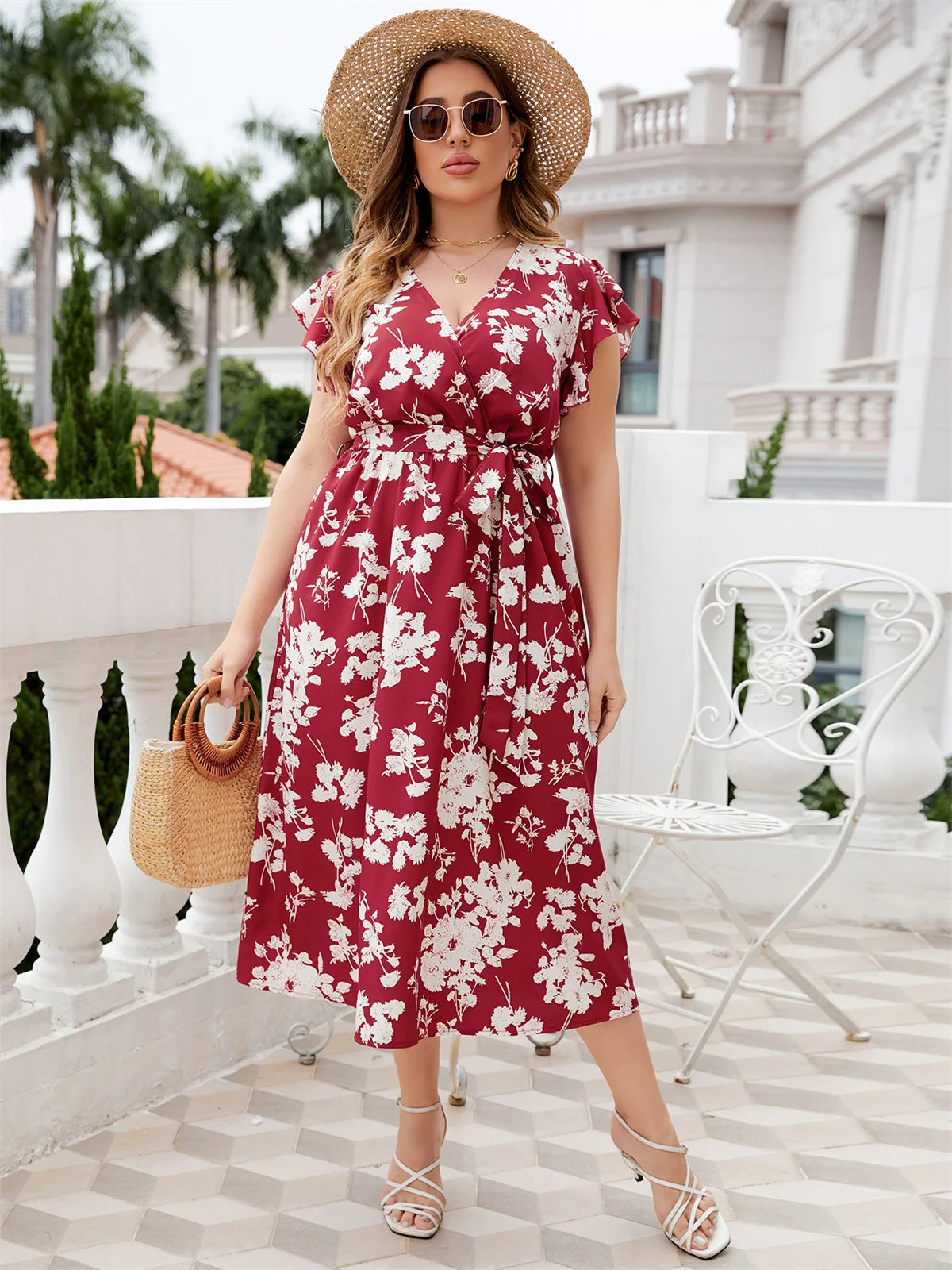 Deep V Floral Print Midi Summer Casual Dress Butterfly Short Sleeve Polyester Elegant Plus Size