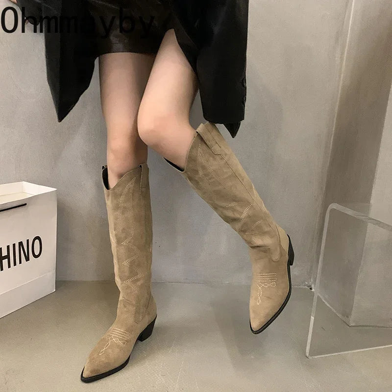 Woman Cowgirl Boots Fashion Slip On Ladies Elegant Square Low Heel Knee High Boots Shoes Women's Winter Footwear