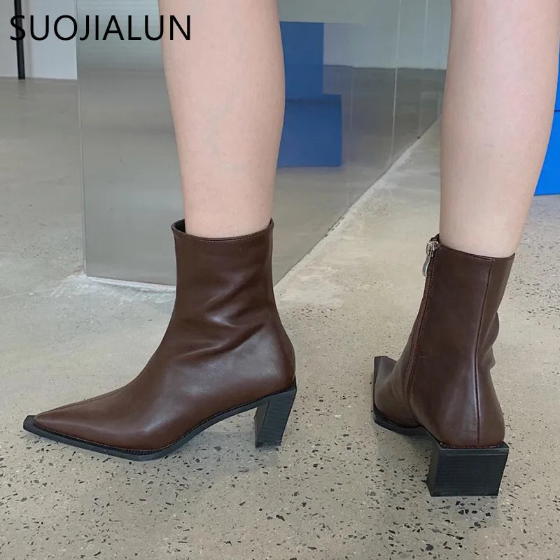 SUOJIALUN 2022 Autumn Women Ankle Boots Fashion Pointed Toe Square Toe Low Heel Ladies Elegant Chelsea Boots Short Boots