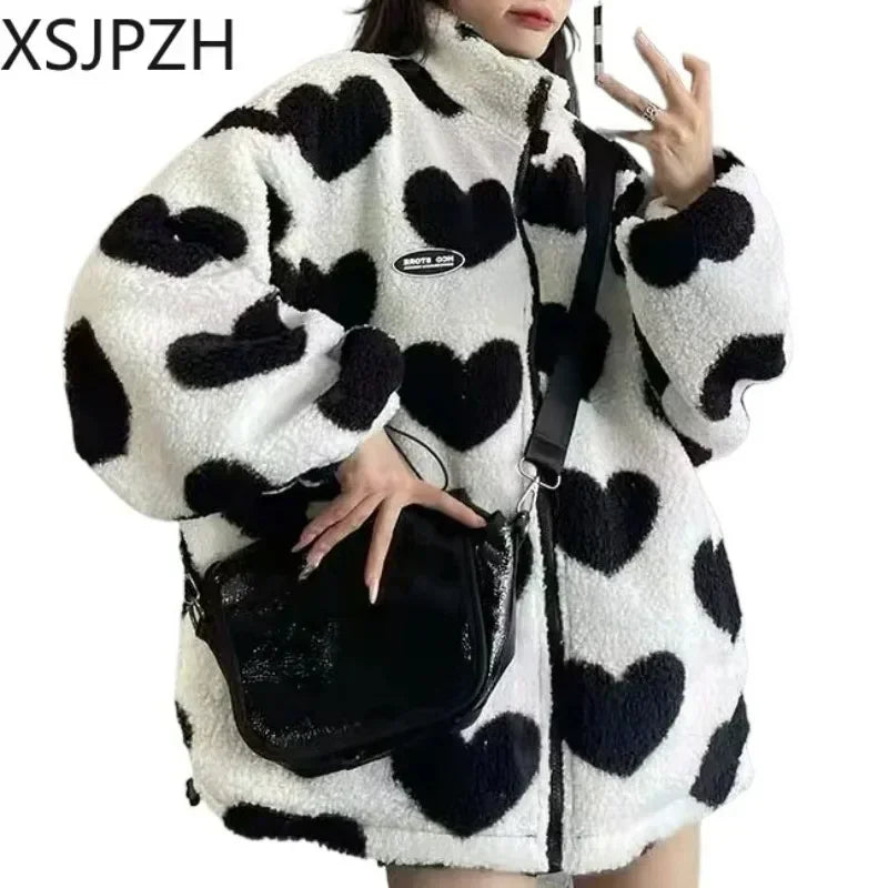 Women Loose Coat Women Double-sided Wear Loving Heart Lamb Wool Winter Clothes Padded Jacket Fashion Stand-up Collar Reversible