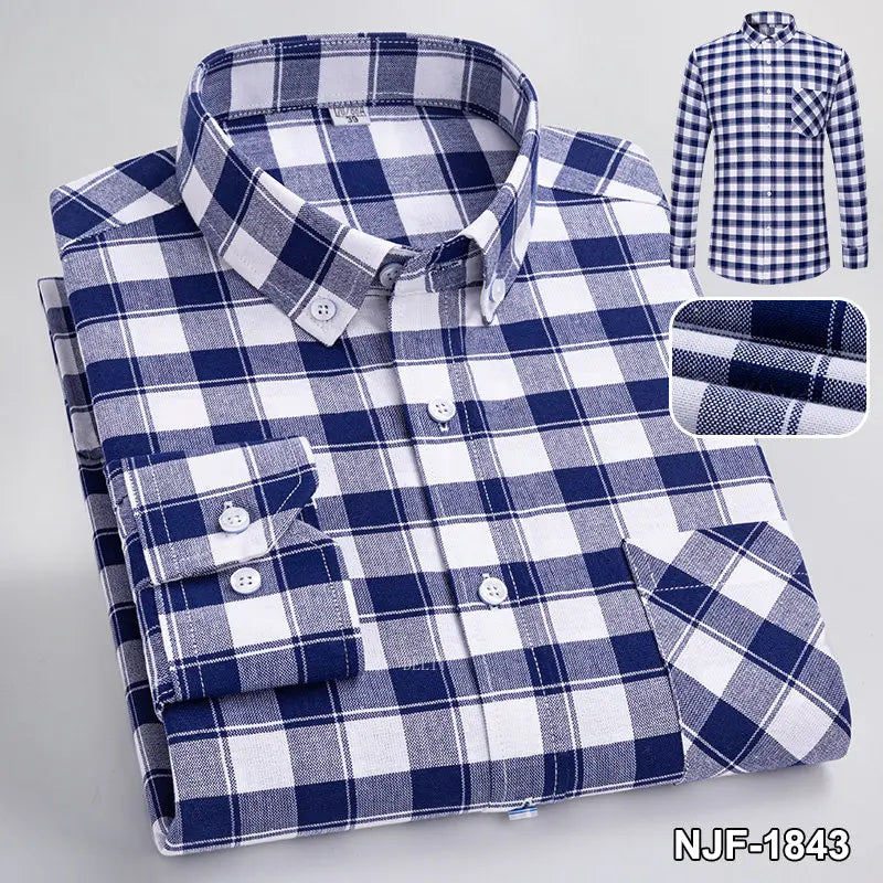 Men's 100% Cotton Plaid Checkered Long Sleeve Oxford Shirt Front Patch Chest Pocket Button Striped Versatile Casual Shirts