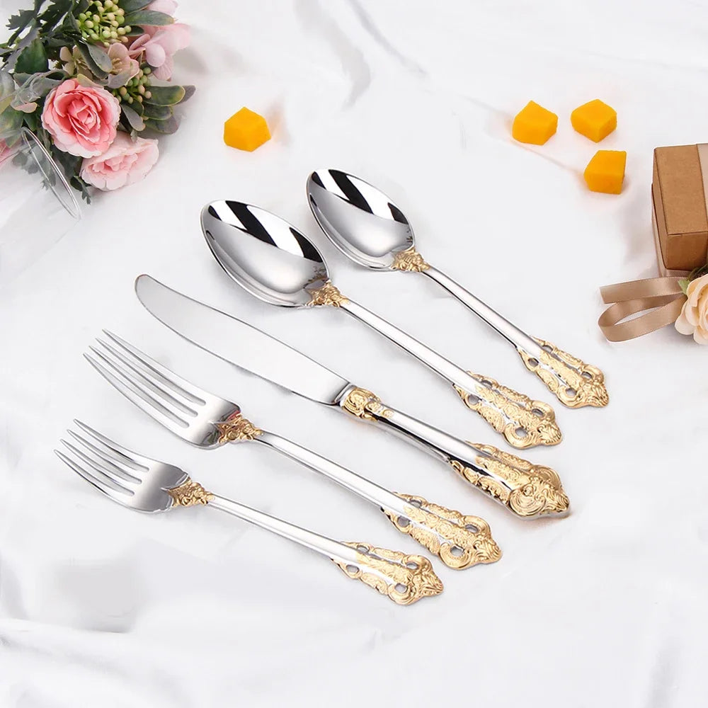 304 stainless steel Gold Cutlery Set Vintage Western Dinnerware Luxury Tableware Engraving Forks Knive Spoons Sliverware