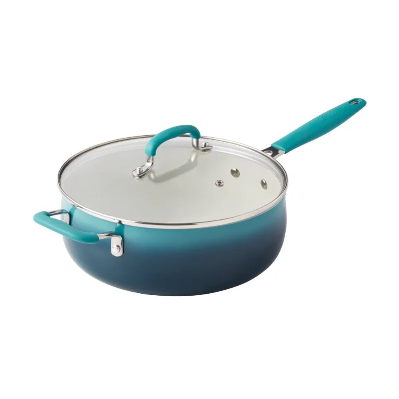 The Pioneer Woman 12-Pieces Porcelain Enamel Classic Ceramic Cookware Set, Ombre Teal camp kitchen