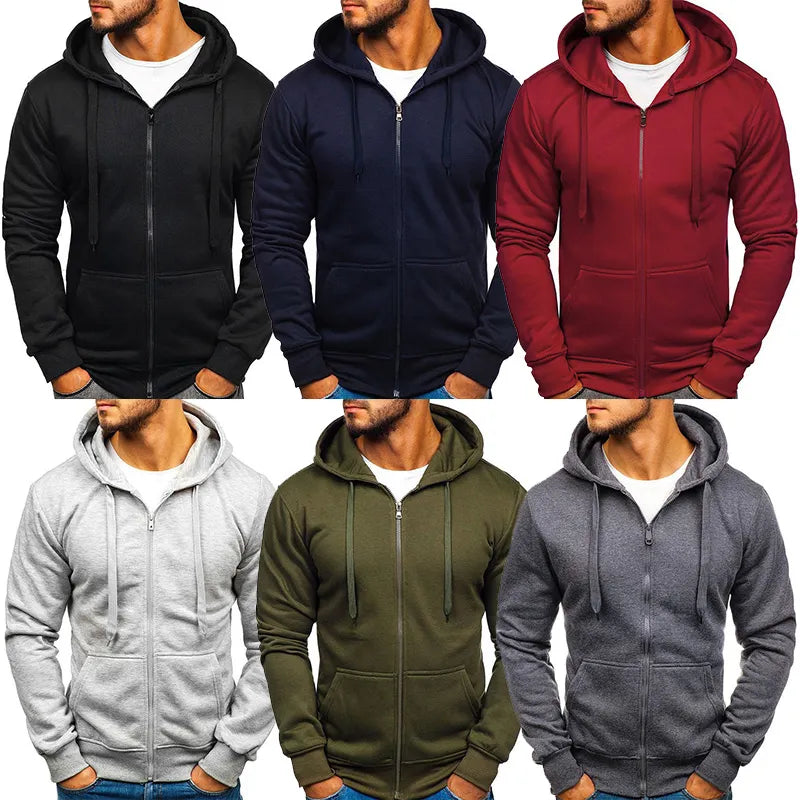 Fashion Winter Hoodie Coat For Men Solid Color Jacket Basic Zip Sweatshirt Outwear Sweat Hooded Warm Coats Casual Male Jackets