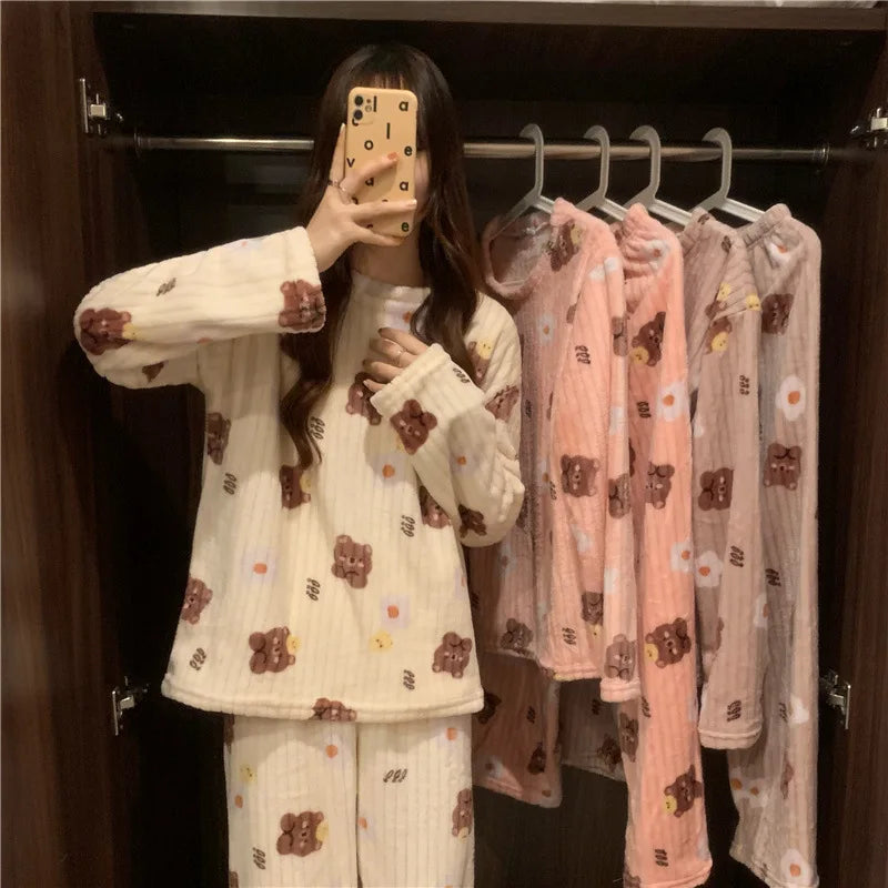 2023 New Women's Pajamas Set Warm Two-Piece Homewear Set Peach Bear Coral Velvet Suit Cute Sweet Thickened Warm Homewear