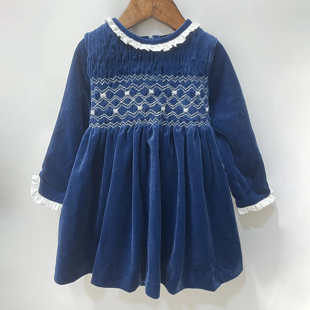 Children Vintage Clothing Girls Blue Velvet Dress Handmade Smocking Princess Christmas Eid Birthday Palace New Year Clothes