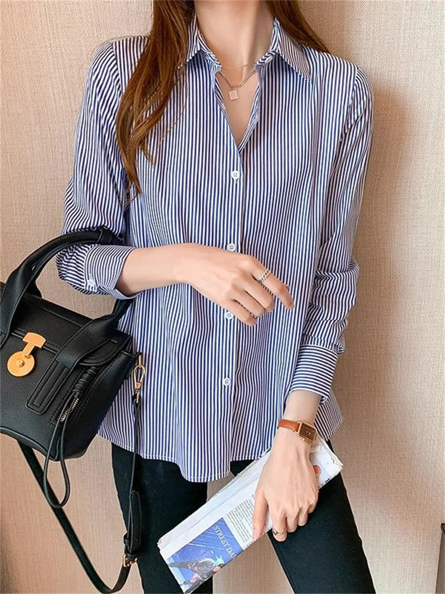 Women Spring Summer Blouses Shirts Lady Fashion Casual Long Sleeve Turn-down Blue Stripes Blusas Tops WY0304