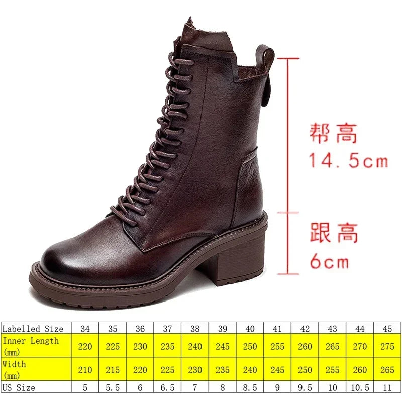 Krasovki 6cm Vintage Ethnic ZIP Genuine Leather Spring Autumn High Heel British Style Platform Ankle Motorcycle Boot Woman Shoes