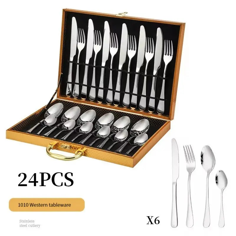 24 Piece Stainless Steel Western Tableware Household Knife, Fork, Spoon, Tea Spoon 4 Piece Wooden Box Craft Gift Box Set