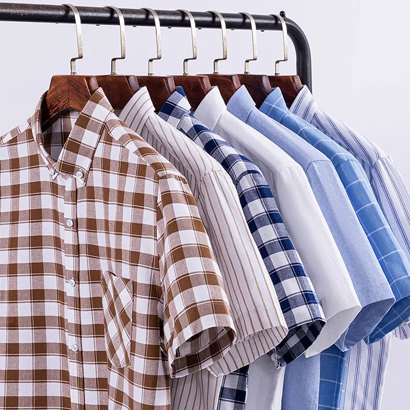 Men's Summer Shirts 100% Cotton Oxford Vertical Stripes Short Sleeve Standard-fit Loose Plaid Solid Soft Cotton Business Office