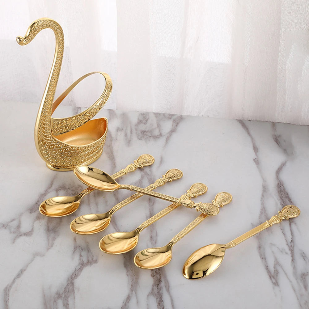 Stainless Steel Creative Dinnerware Set Decorative Swan Base Holder with 6 Spoons for Coffee Fruit Dessert Stirring Mixing