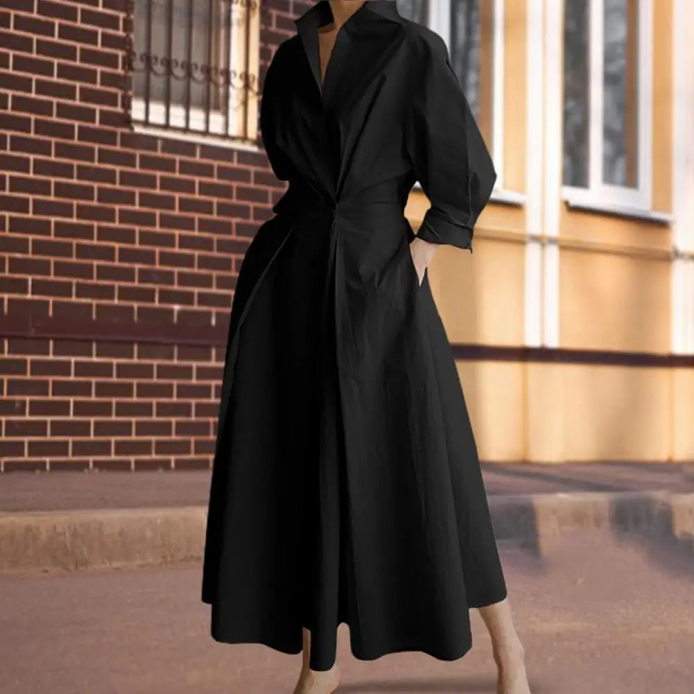 Lapel Neck Long Sleeve Pockets Maxi Dress Solid Color Single Breasted Shirt Dress Ladies Split Hem Women Casual Dress