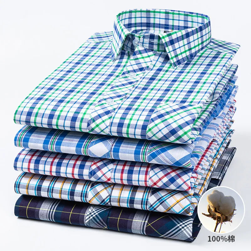 Spring Summer 100% Pure Cotton Man' Shirt Long  Sleeve Plaid Cool Checkered Shirts Men Business Casual with Pocket Leisure