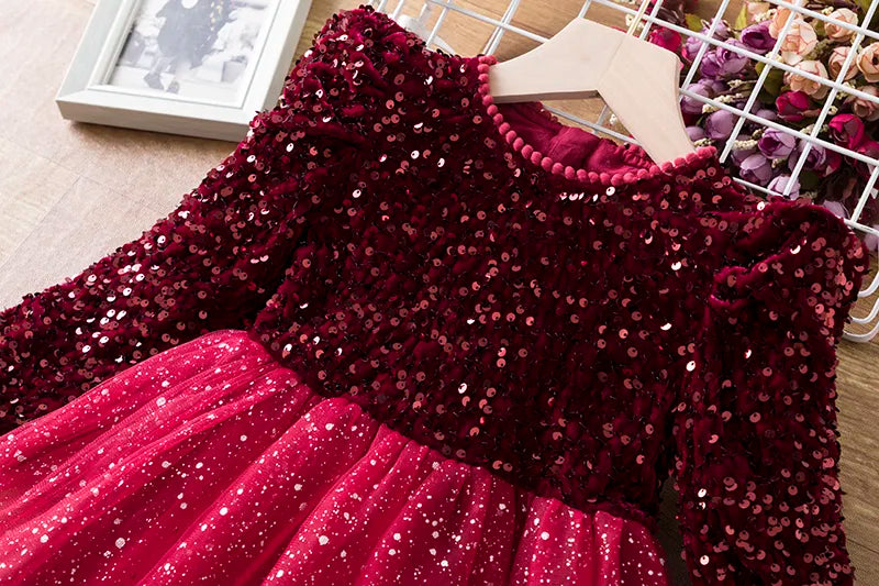 Sequin Autumn Girls Princess Party Dresses for 3-8 Yrs Long Sleeve Winter Xmas Children Casual Clothing Birthday Wedding Gown