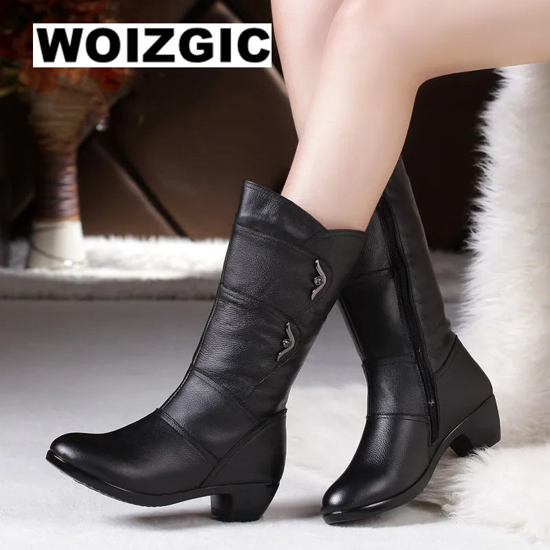 WOIZGIC Women's Mother Female Ladies Genuine Leather Shoes Boots Botas Knee High Zipper Winter Warm Plush Mid Calf Plus Size