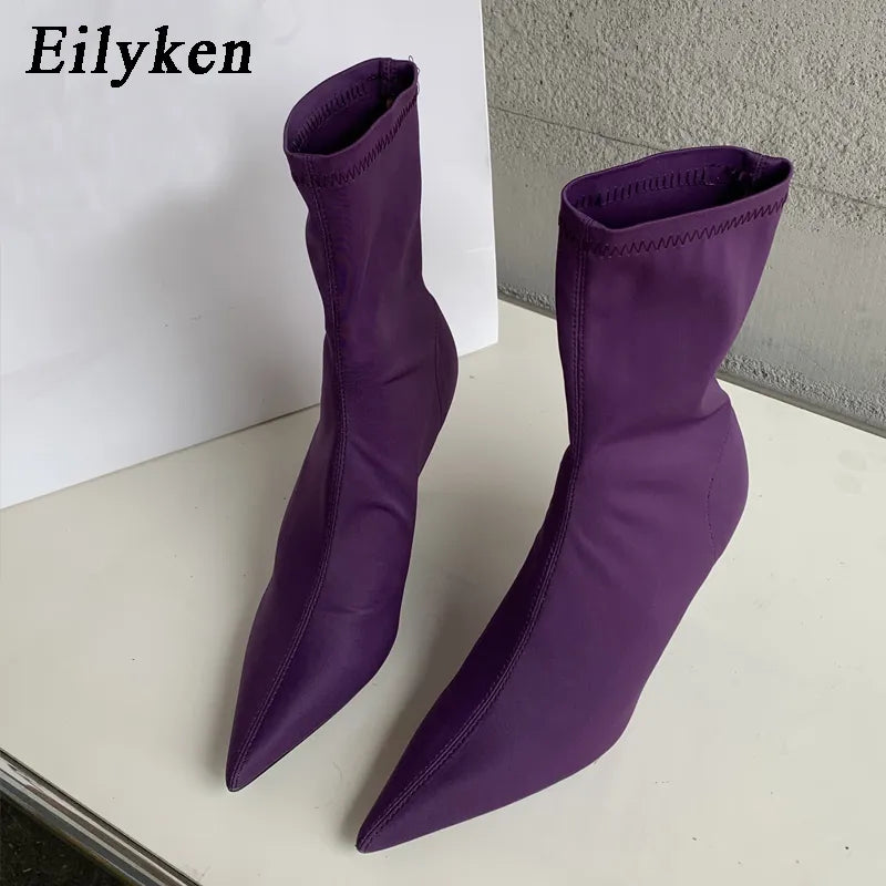 Eilyken 2024 New Spring Autumn Stretch Fabric Women Ankle Boots Sexy Pointed Toe High Heels Fashion Female Socks Pumps Shoes