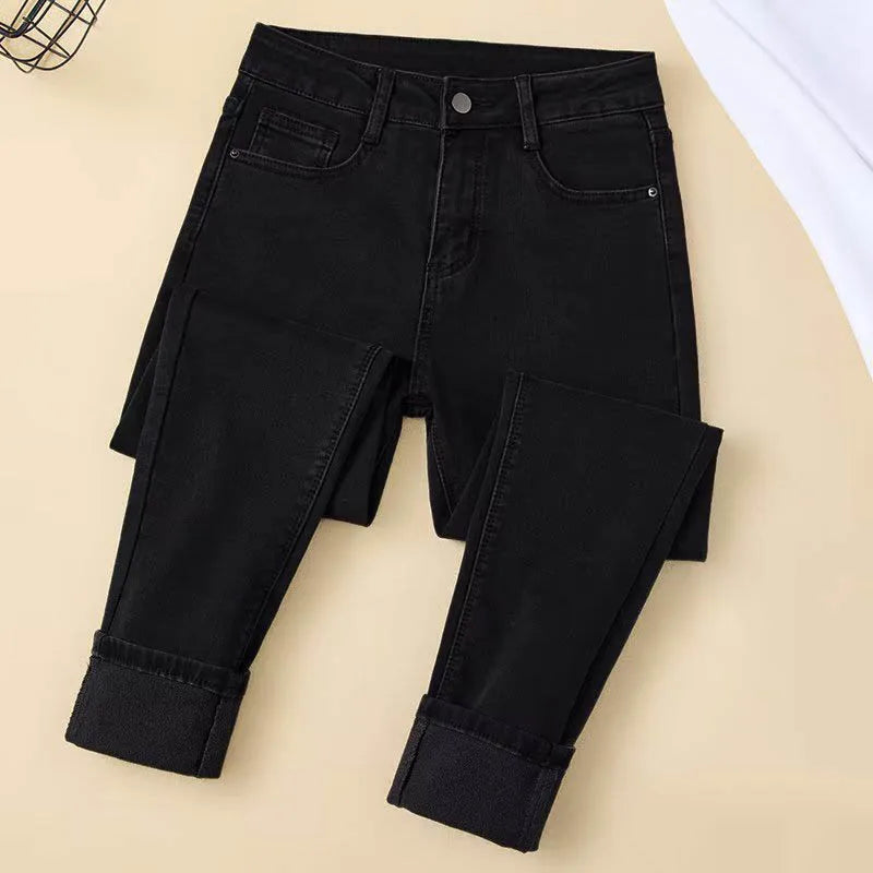 Women's Warm Jeans Winter Plush Warm Jeans Fashion Elastic Denim Pants Casual Tight Trousers