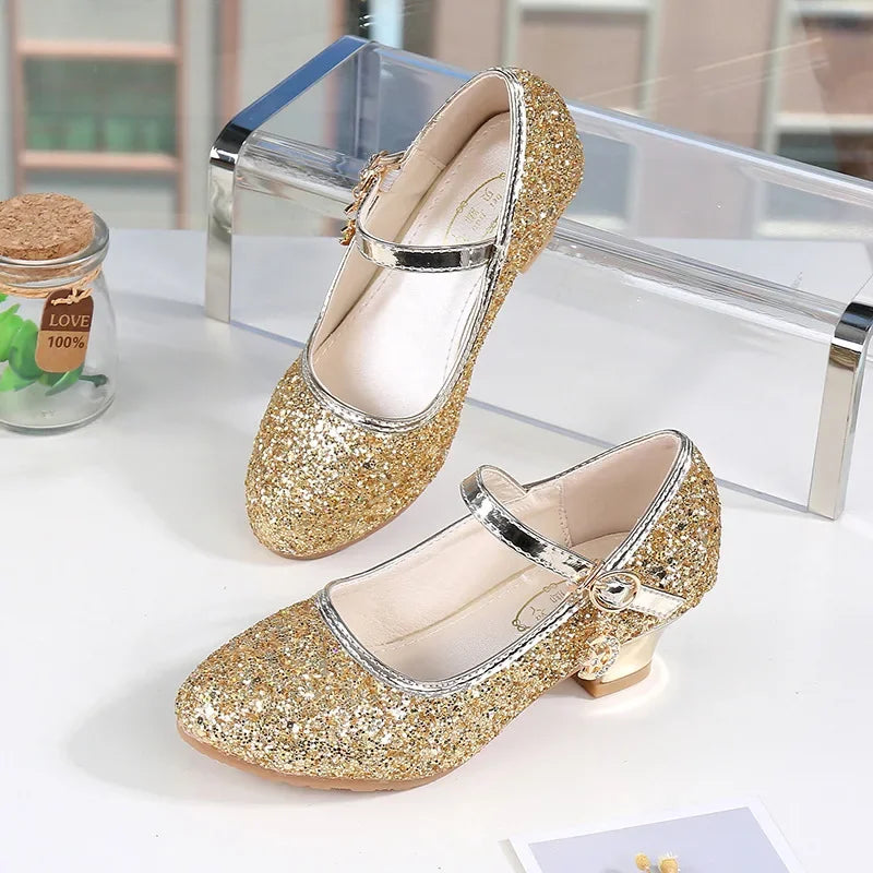 New Brand Sequin Designer Girls Shoes Fashion Stage High Heel Dance Crystal Show Hosting Children's Princess Leather Shoes