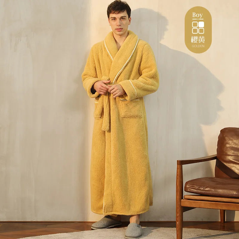 Men's Winter Bathrobe Long Sleeve Warm Turn Down Collar Man Fluffy Bath Robe With Sashes Solid Fleece Dressing Gown For Male