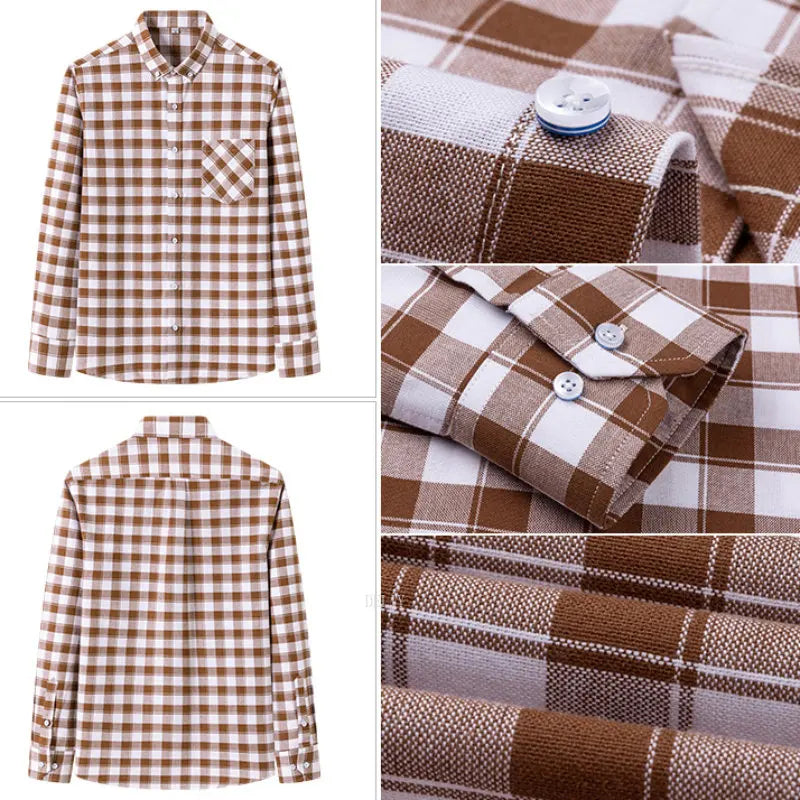 Men's 100% Cotton Plaid Checkered Long Sleeve Oxford Shirt Front Patch Chest Pocket Button Striped Versatile Casual Shirts