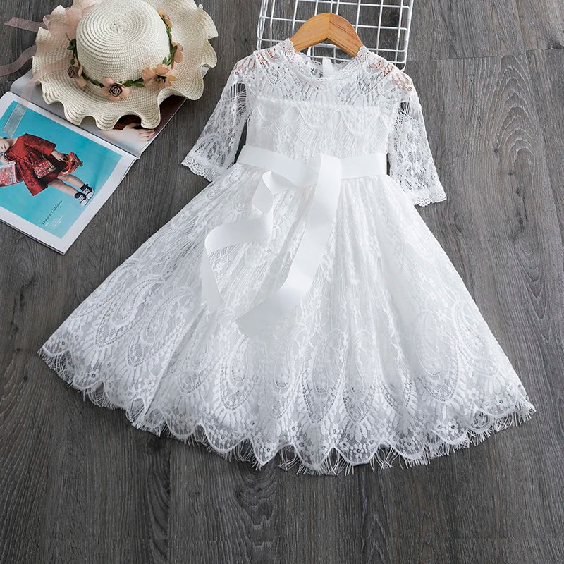 Red Kids Dresses For Girls Flower Lace Tulle Dress Wedding Little Girl Ceremony Party Birthday Dress Children Autumn Clothing