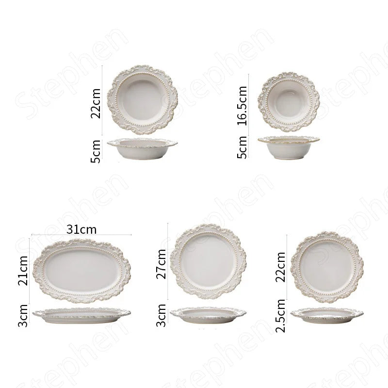 Baroque Vintage Ceramic Dinner Plate Nordic Modern Kiln Change Carving Craft Dishes and Plates Sets Western Restaurant Tableware