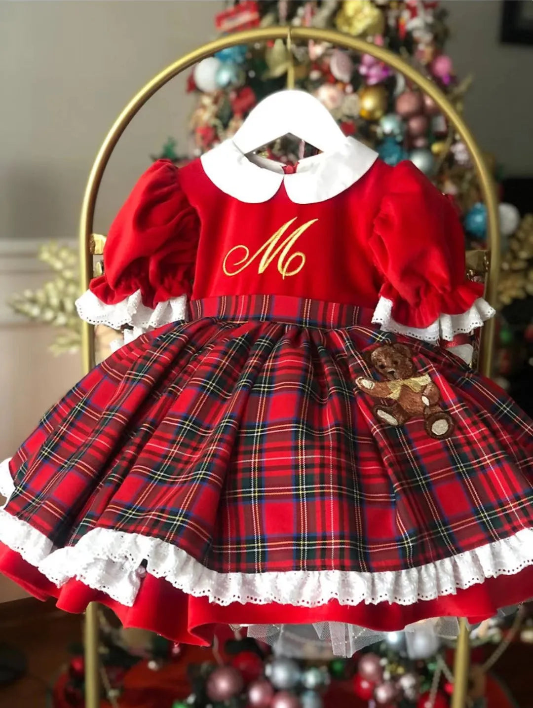 0-12Y Baby Girl Autumn Winter Red Velvet Plaid Bear Embroidery Vintage Spanish Princess Ball Gown Dress for Christmas Eid Causal