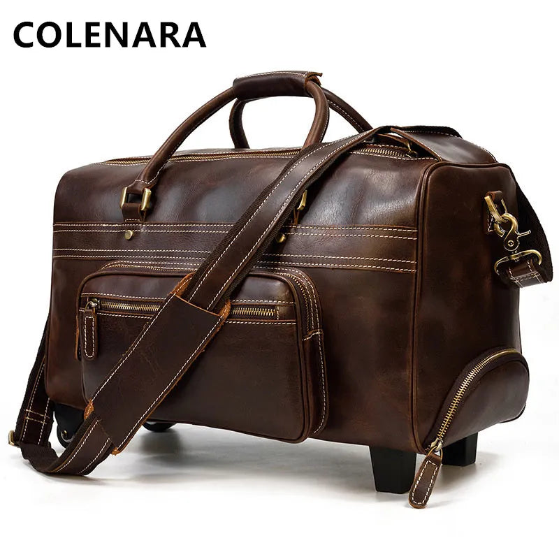 COLENARA 22" Inch New Suitcase Men's Leather Retro Trolley Case Large Capacity Business Handbags with Wheels Rolling Luggage