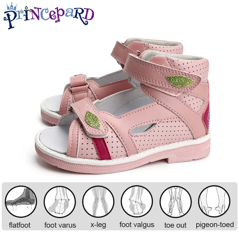 Orthopedic Children Sandals Corrective Footwear for Kids Girls Pink Hollow Out Open Toe Arch Support Low-cut with Leaf Design