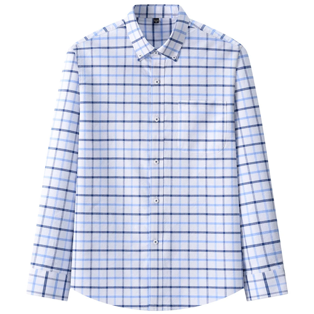 Men's Button-collar Long Sleeve Checkered Oxford Plaid Shirt Single Pocket Comfortable Cotton Regular-fit Casual Striped Shirts