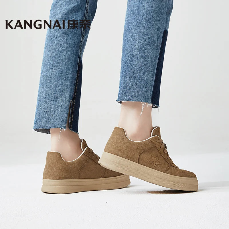 Kangnai Women Casual Shoes Cow Suede Flats Star Pattern Lace-Up Solid Color Sneakers Female Shoes