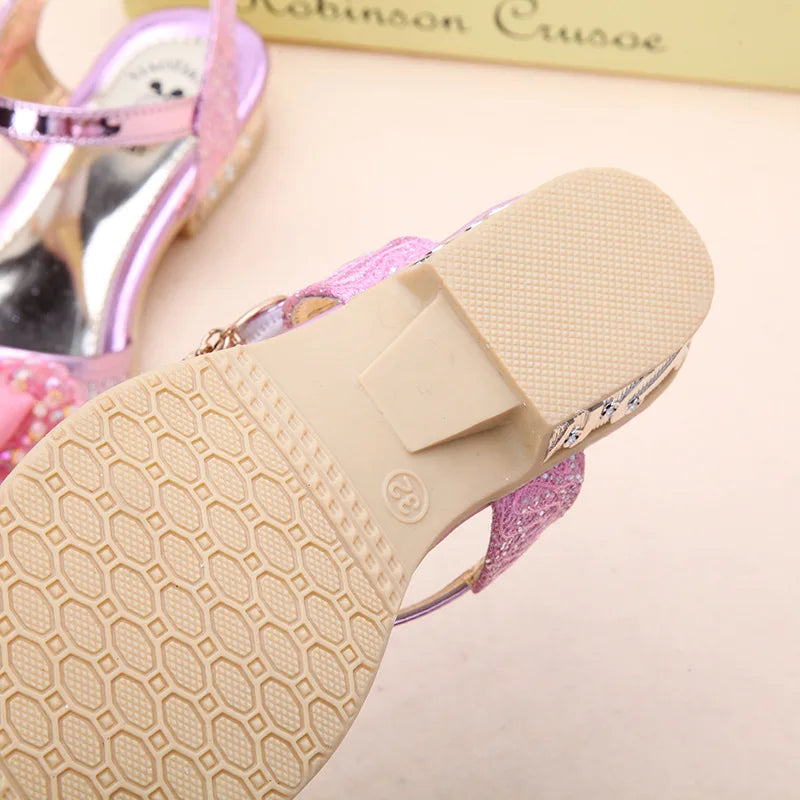 Children Princess Sandals Kids Girls Wedding Shoes High Heels Dress Shoes Bowtie Gold Pink Sandals Shoes for Girls