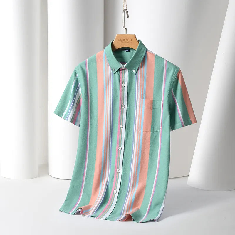 New Men's Striped Fashion Short Sleeve 100% Cotton Oxford Plaid Business Button Down Regular Fit Office Shirt Man Clothing