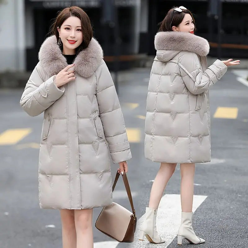 Winter Warm Large Fur Collar Down Coat Women's Fashion Mid Length Hooded Thickened Coat Women' Winter Clothes Women 2023 New