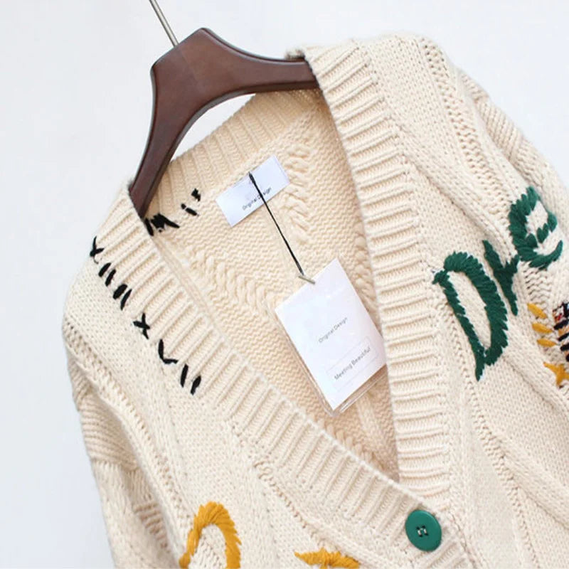 2022 Spring Women's Sweater Warm Knitted Sweater Jacket Loose Pocket Embroidery Fashion Knit Cardigan Jacket Ladies Jacket