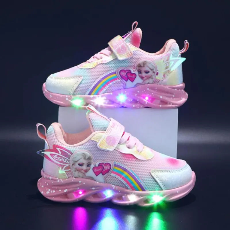 Disney LED Casual Sneakers Pink Purple For Spring Girls Frozen Elsa Princess Print Outdoor Shoes Children Lighted Non-slip Shoes