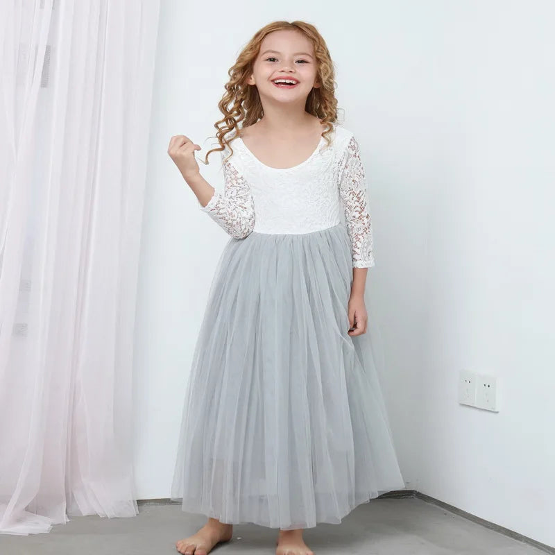 Princess Dress for Girls Ankle Length Wedding Party Dress Eyelash Back White Lace Beach Dress Children Clothing E15177