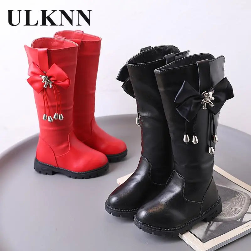 New Girl Canister Boots With Velvet High Help Bowknot Warm Shoeschildren's High Boots Parent-child 2023 Kid's Red Black Boats