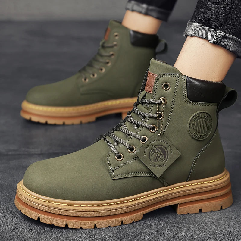 High Top Boots Men Leather Shoes Fashion Motorcycle Ankle Military Boots For Men Winter Boots Man Shoes Lace-Up Botas Hombre