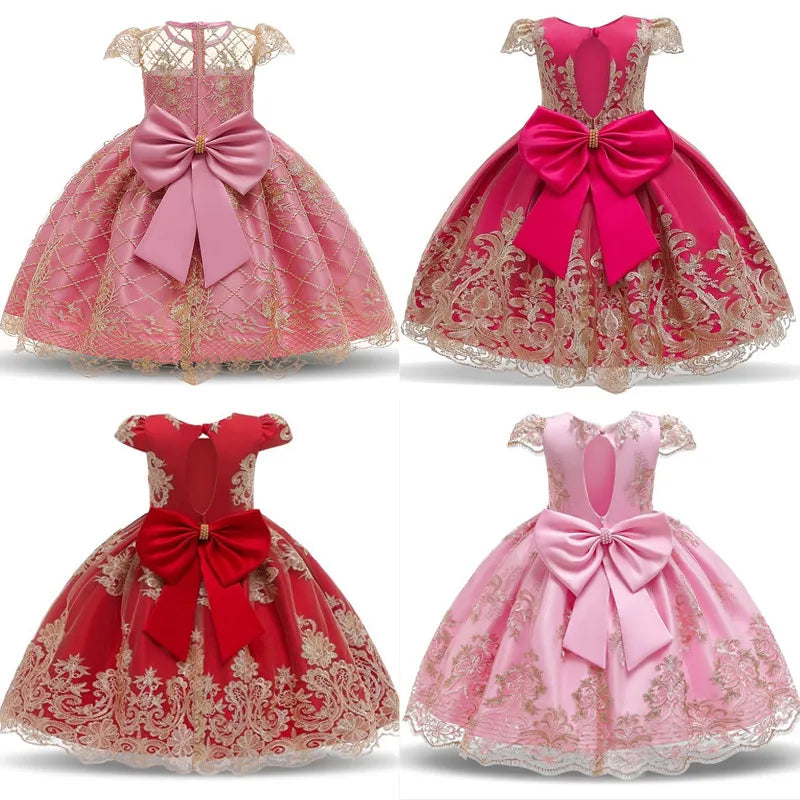 Bow Vintage Embroidery Kids Elegant Princess Dresses for Girls Opening Ceremony Festival Party Girls Gown Baby Baptism Vestidos