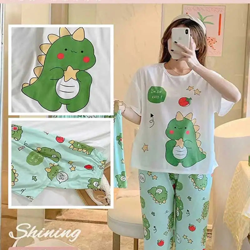 Women Three-piece Set Senior sense Pajamas  Set Young Girls Print Sleepwear  Round Neck Short Sleeved Top Loungewear Homewear