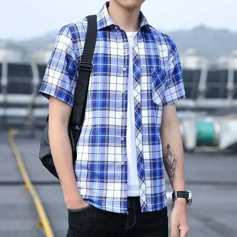 Men Shirt Plaid Short Sleeve Dress Striped Formal Shirt 2020 Summer Casual Slim Fit Pocket High Quality Business Dropshipping