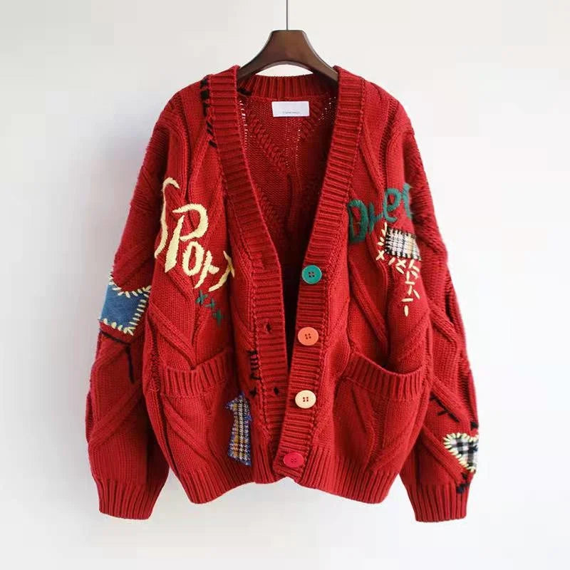 2022 Spring Women's Sweater Warm Knitted Sweater Jacket Loose Pocket Embroidery Fashion Knit Cardigan Jacket Ladies Jacket