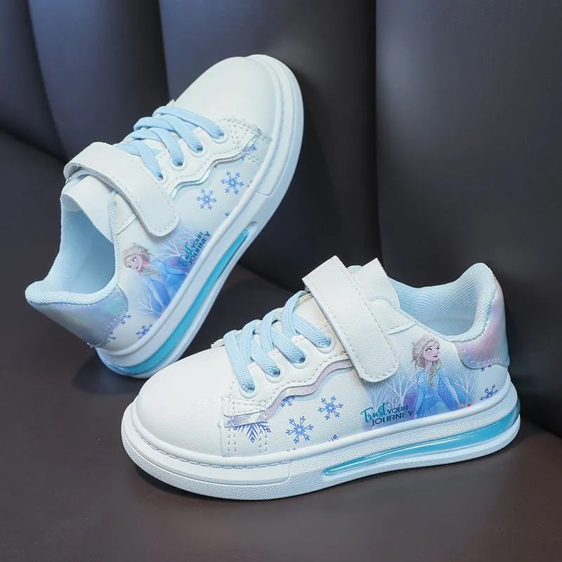 Disney Girls' White Shoes PU Leather Cartoon Princess Elsa Frozen Shoes Spring Girl Baby Waterproof Sports Shoes Flats Size 26-3