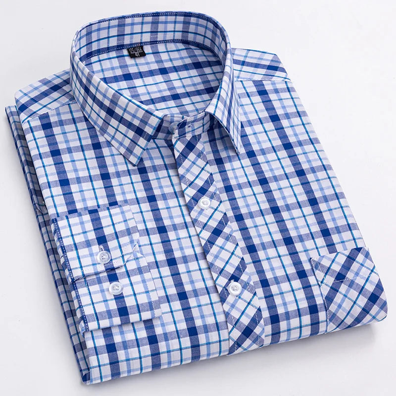 Spring Summer 100% Pure Cotton Man' Shirt Long  Sleeve Plaid Cool Checkered Shirts Men Business Casual with Pocket Leisure