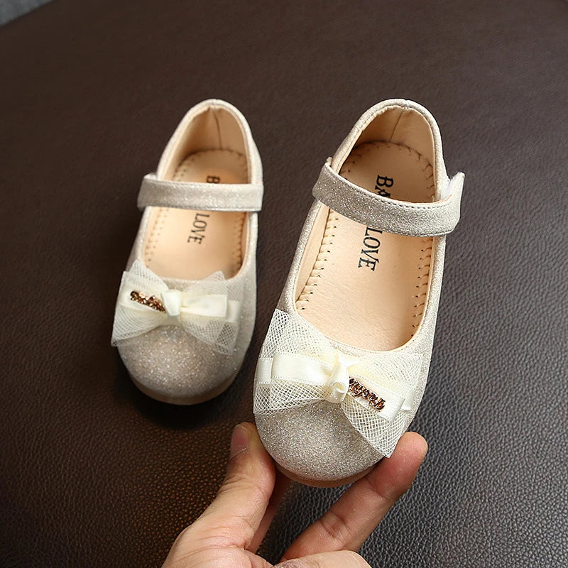 Girls PU Leather Shoes Kids Children Princess Lace Bowknot Sparkling Shoes Spring Autumn Baby Casual Party Flats