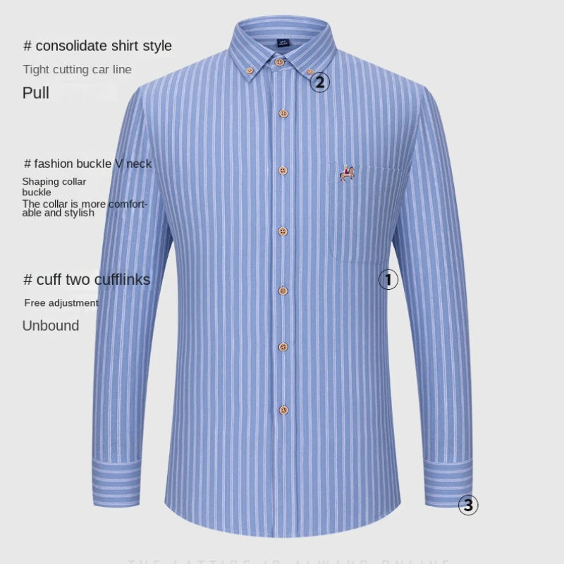 Fashion Men's Long Sleeve Casual 100% Cotton Striped Oxford Shirt with Embroidered Chest Pocket Standard-fit Button-down Shirts